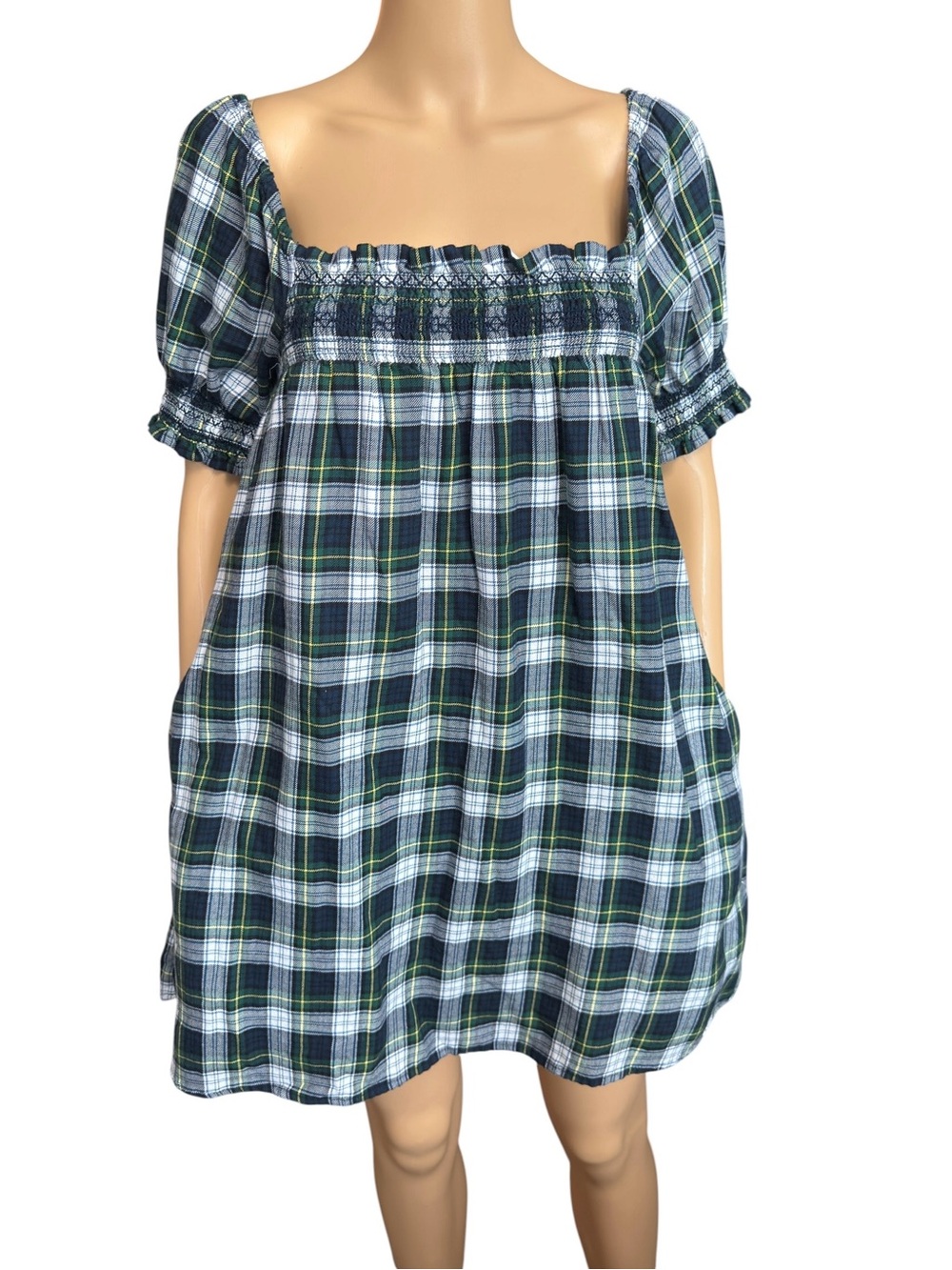 AMERICAN EAGLE Plaid Smocked Babydoll Mini Dress - Navy, White & Green
